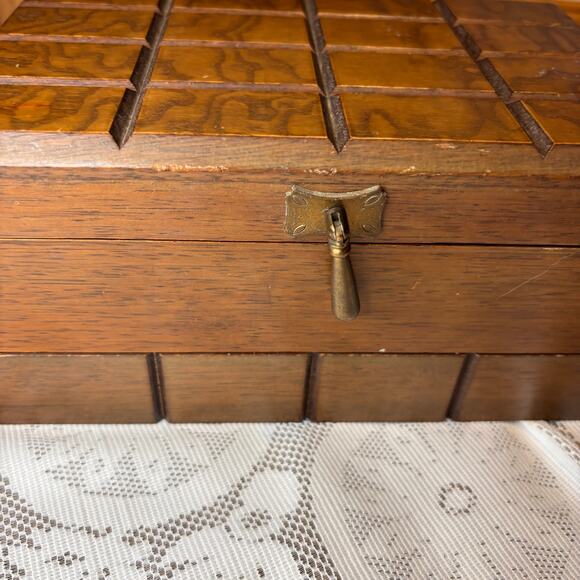MCM Vintage Wood Grid Jewelry Box w/ drawer and hinged lid Made In Japan - Picture 3 of 8